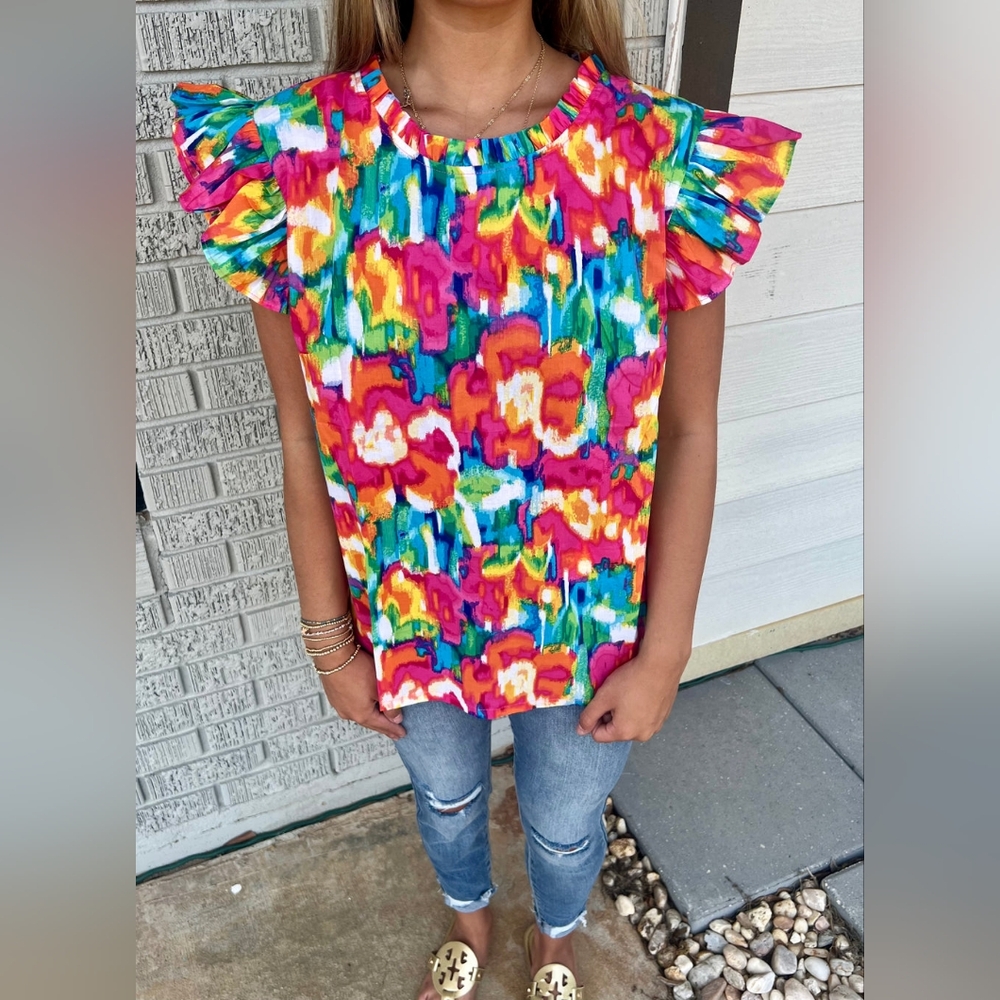 Colorful Ruffle Sleeve Women's Top - Picture 2 of 9